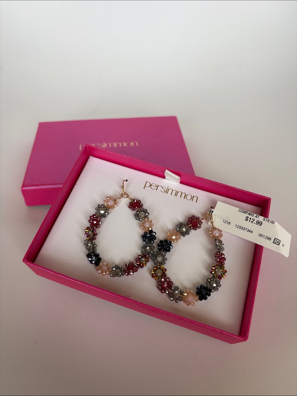 Persimmon Multicolor Beaded Floral Hoop Earrings - Pink, Red, Gray, Black, Cream